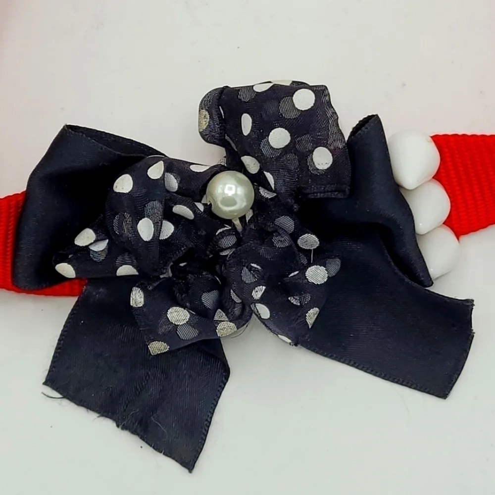 Dog Collar Black Red White Bow Pearls and Spikes